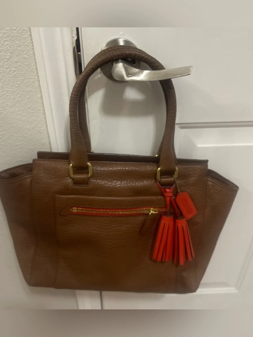 Coach Legacy Candace Medium Carryall Pebbled Brown Leather Red Tassel #19926